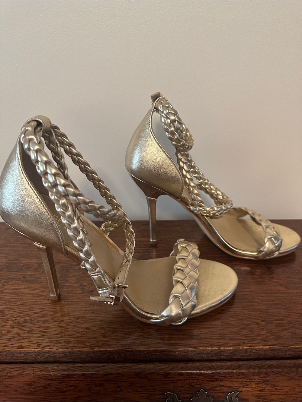 Michael Kors Metallic Gold Braided Strap Stiletto Sandals